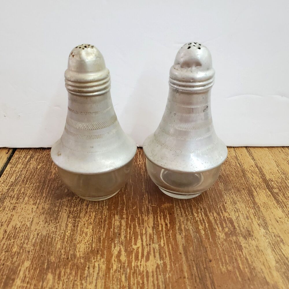 Vintage 1950s Atomic Light Bulb Salt and Pepper Shakers Glass Aluminum Tops MCM